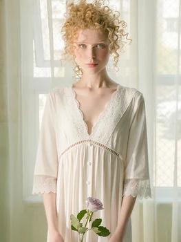 

Free Shipping 2019 New Spring Princess White Long Nightshirt 93% Cotton Nightgown Women's Soft V-neck Sleepwear Ladies pijamas