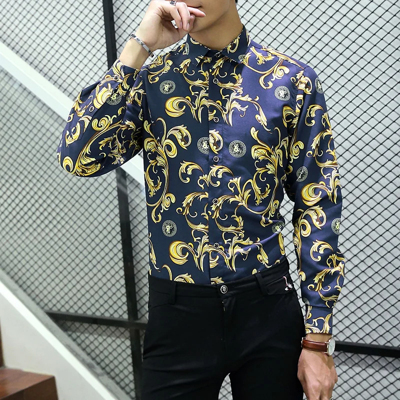 High Quality Mens Floral Print Shirt Polyester Slim Fit Long Sleeve 3 Pattern M-7XL