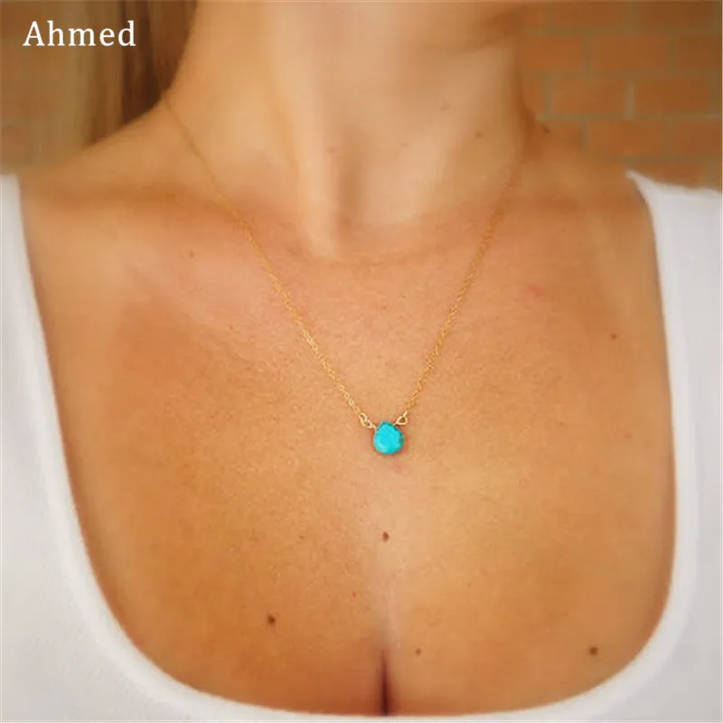 

Ahmed Fashion Simple Blue Synthetic Stone Water Drop Pendant Necklace Women Gold Color Maxi Necklaces Collar Bijoux Jewelry