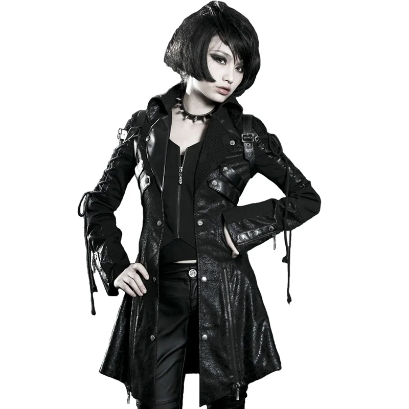 

steelsir New Gothic Women Long Leather Jacket Punk Strings Fashion Girls Retro Rope Coat Motorcycle Zipper Hasp Female Outerwear