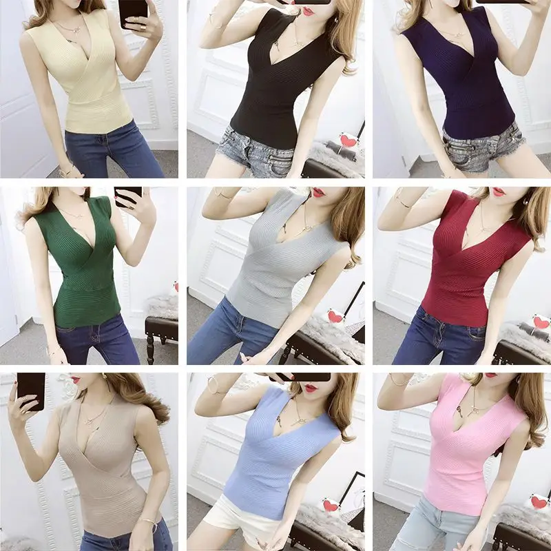 Camiseta Tirantes Mujer, жилет с глубоким v-образным вырезом, летние эластичные облегающие трикотажные топы без рукавов