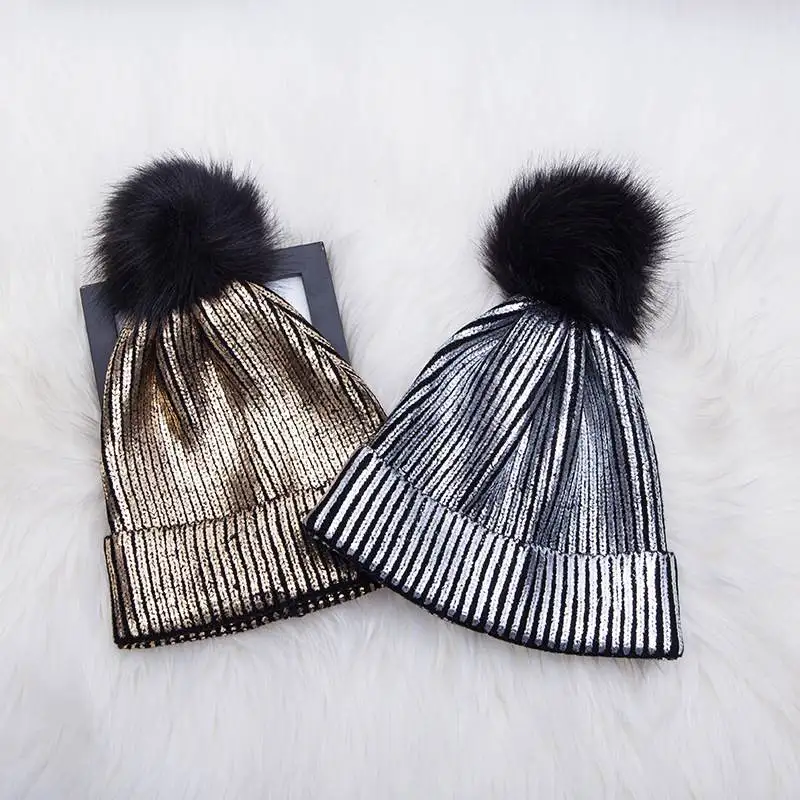 Knitted Bronzing Gold Silver Beanie Cap Pompom Winter Hats For Women Fur Pom Pom Ball Hat Ladies Girls Warm Skullies Beanies