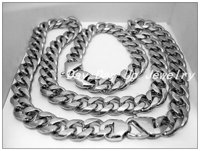 

60cm/22cm 15mm New Design Stainless Steel Highly Polished Silver Heavy Necklaces&Bracelets Bangles Jewelry Sets For Men Boy