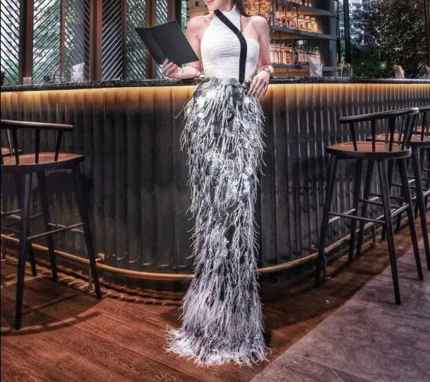 Sequin сексуальное длинное платье Wihte Холтер знаменитостей перья ночной клуб модное