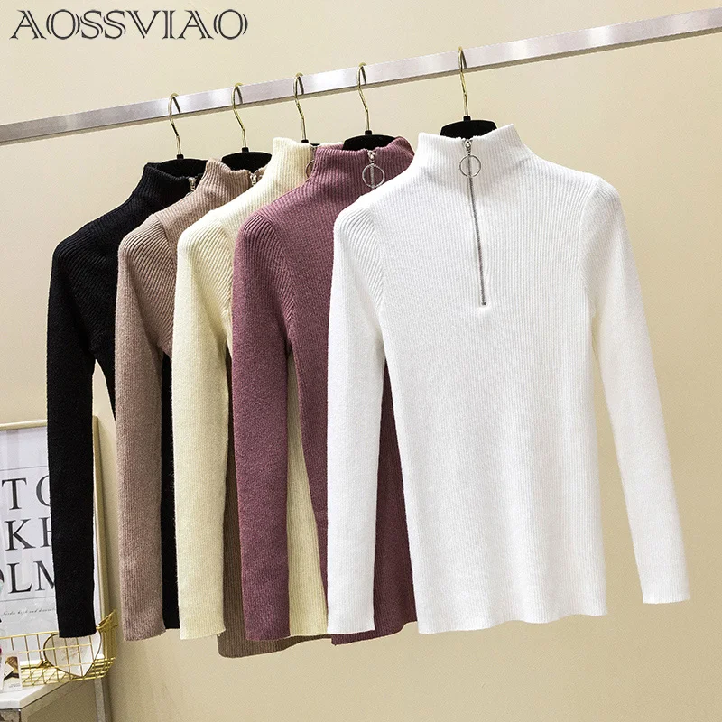 

Zipper Turtleneck Solid Women Sweater Skinny Elastic Knitted Full Sleeve Pullover Feminino Soft Femme Spring Jumper High Quality