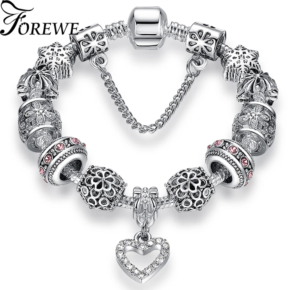 

FOREWE European Heart Charm Bracelet for Women Luxury Brand Crystal Beads Snake Chain Bracelets Silver Authentic Jewelry 2018