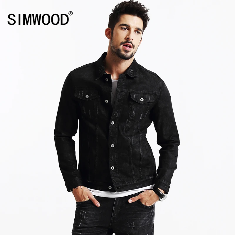 SIMWOOD 2018 New Spring Winter Black Denim Jacket Jeans