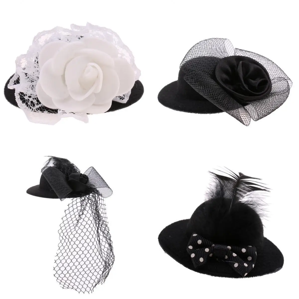 4Pcs Fashion New Lady Vintage Round Bowler Doll Hat Cap for 28-30cm   Doll Clothes Accs Black
