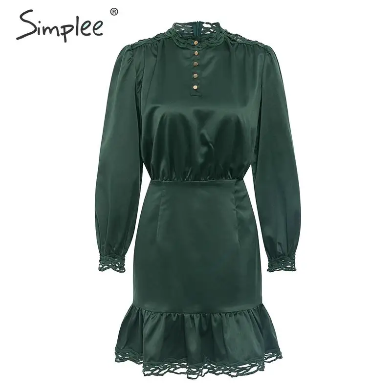 Simplee Vintage lace hem ruffled women dress Long sleeve stand neck mini ladies dresses High waist female autumn dress vestidos - Цвет: Зеленый