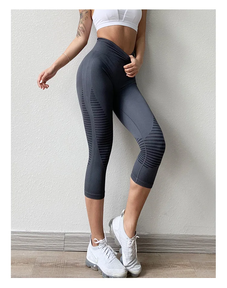 Летние женские укороченные штаны для йоги в полоску, эластичные спортивные Леггинсы, обтягивающие капри 3/4, брюки для бега, женские укороченные колготки для фитнеса и танцев