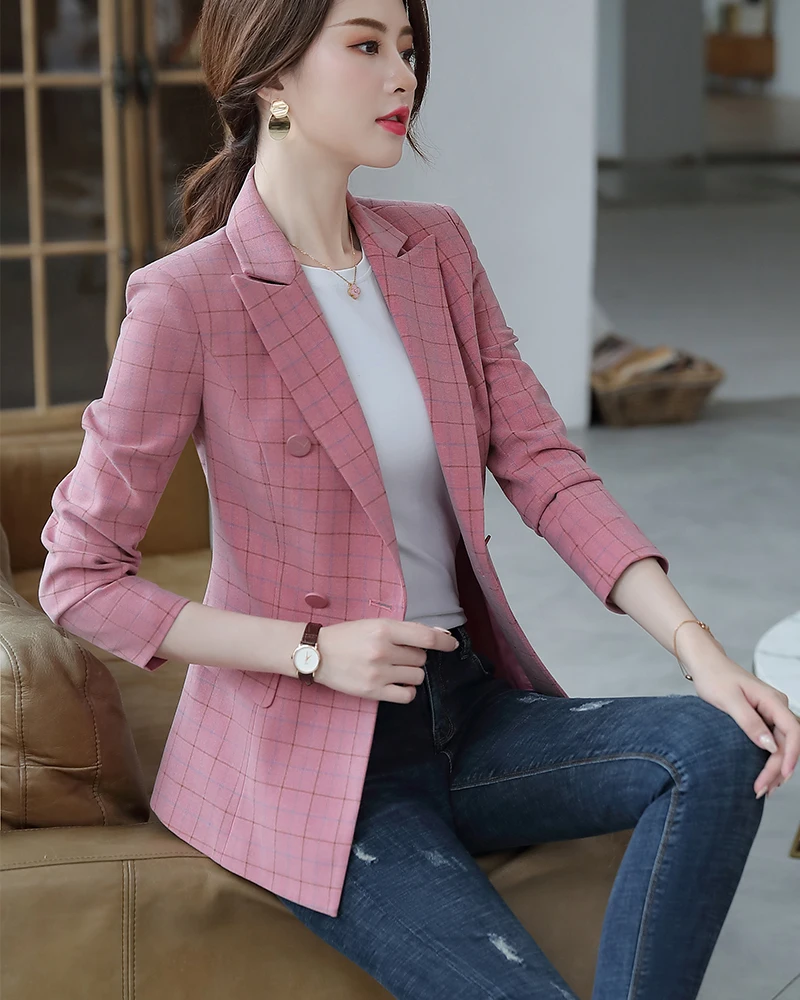 Women Pant Suit Two Pieces Set Size S-5XL Pink Brown Plaid Jacket Blazer With Plaid Trouser Sets Casual Fashion Suits