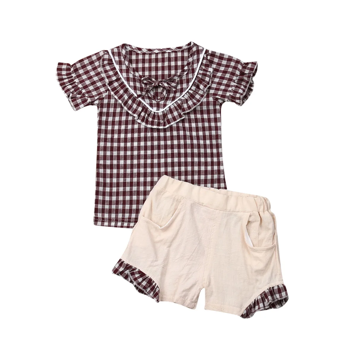 Летняя Клетчатая футболка с короткими рукавами и рюшами для сестер хлопковый однотонный комплект с шортами, комплект одежды для маленьких