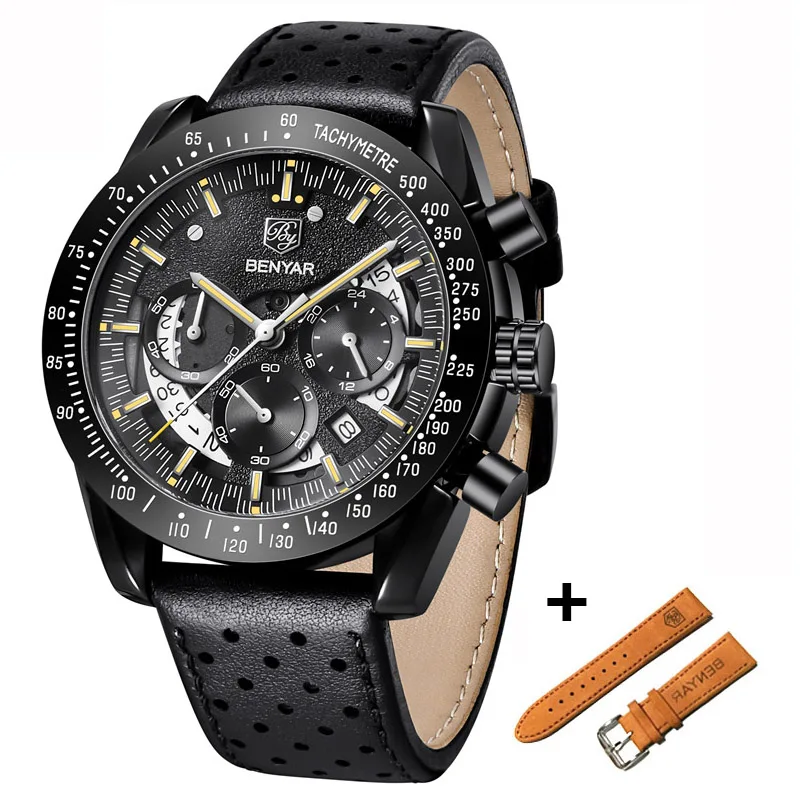 BENYAR Повседневная мода хронограф из нержавеющей стали часы комплект для мужчин высокого качества Бизнес Кварцевые наручные часы для мужчин Relogio Masculino - Цвет: Leather Black Yellow