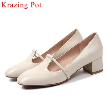 

2019 hot sales genuine leather slip on shallow pumps pretty girls square toe chunky med heels art design simple style shoes L73