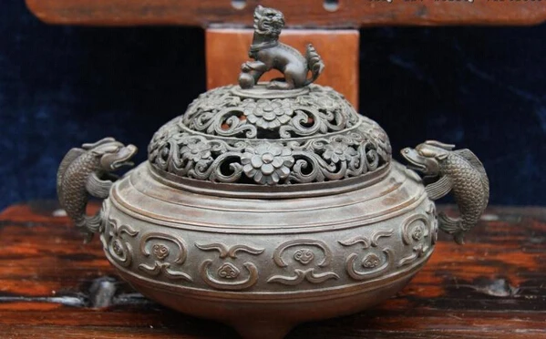 

S1522 China Dynasty Mark Bronze Copper Dragon Fish Foo Dog Lion incense burner Censer D0318