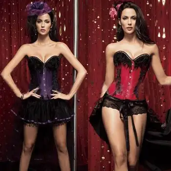 

Women Burlesque Tassel Overbust Boned Corset Red Purple Lace Up Back Corset Tops for Lady