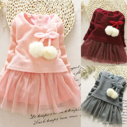 

UK Princess Kids Toddler Baby Girls Long Sleeve Knitted Bow Tutu Dress 0-24M