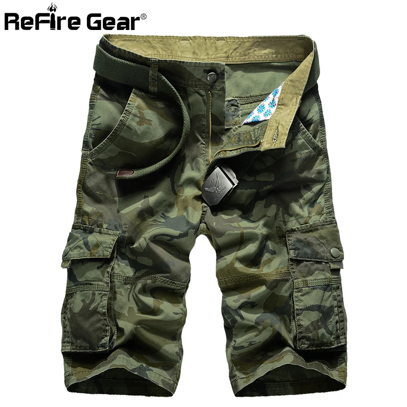 

ReFire Gear Camouflage Military Cargo Shorts Men Casual Many Pockets Army Tactical Shorts Summer Loose Knee Length Cotton Shorts