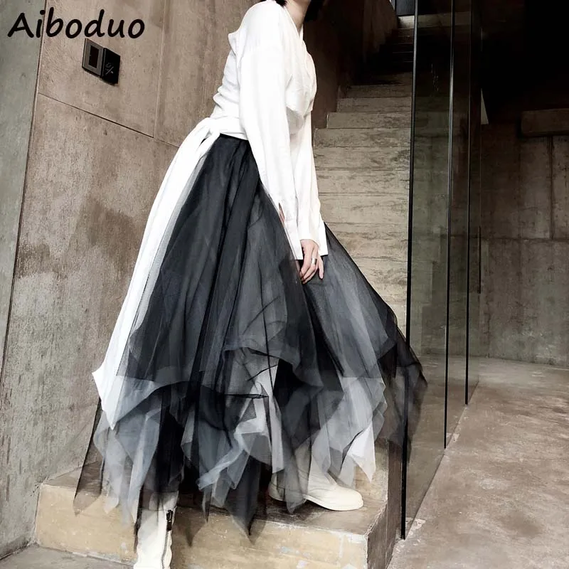 

Dark Wind Punk Streetwear Gothic High Waist Asymmetrical Ball Gown Mesh Tulle Skirt Casual Patchwork Gradient Fairy Skirt Summer