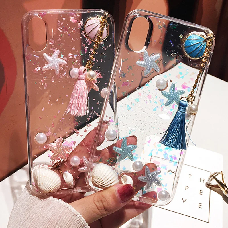 Phone Case for XS MAX XR 6Plus 7Plus Pearls Conch Shell Tassels Soft Silicon Clear iphone 6 6S 7 8 X Plus Coque |