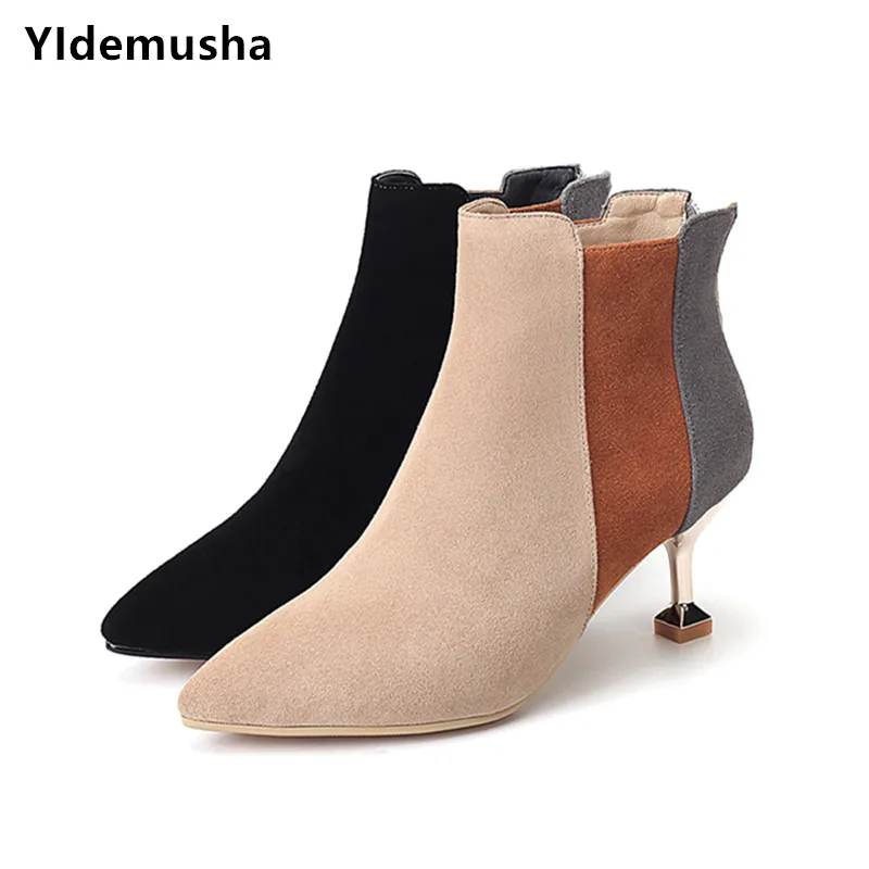

YIdemusha 2019 Chic Spring Autumn Shoes Women High Heel Ankle Boots Female Flock High Heels Casual Botas Mujer Booties Feminina