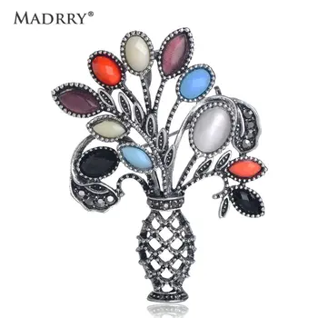 

Madrry Flower Vase Shape Brooch Crystal Corsage Antique Hollow Resin Opal Brooches For Women Clothes Jewelry Accessories Pins