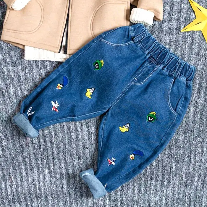 Весенне-осенние новые детские повседневные джинсы с рисунком для мальчиков, джинсы с вышивкой