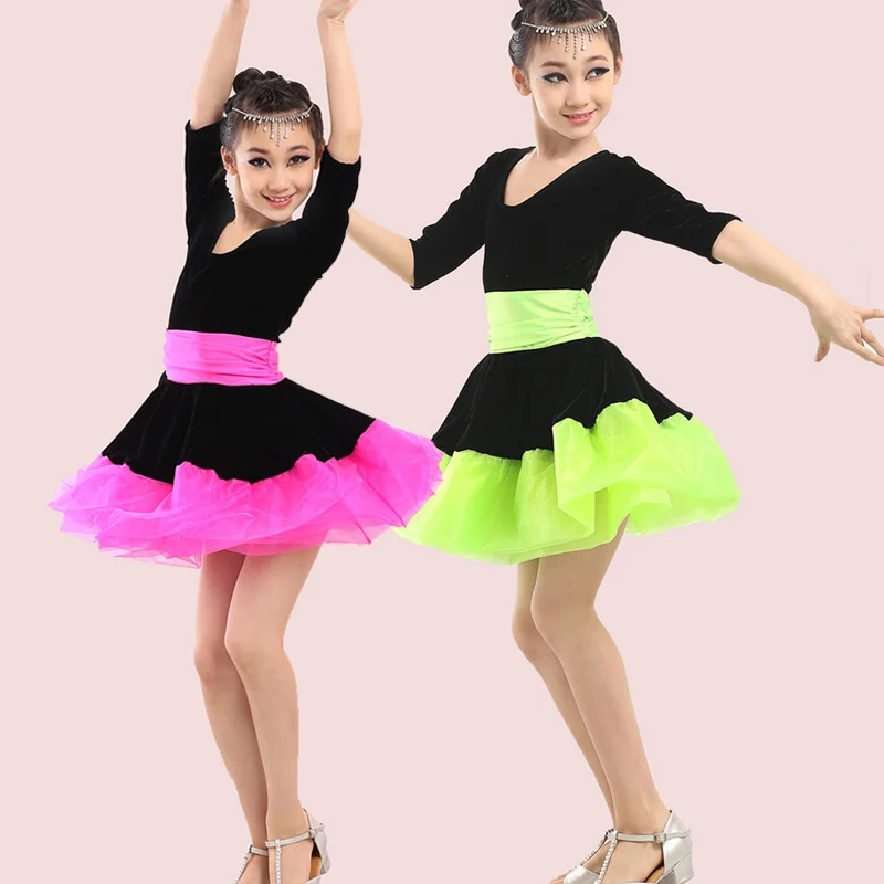 Professional Girl Long Sleeves Latin Dance Dress Children Ballroom Dancing Dress Kids Salsa Rumba Cha Cha Tango Stage Wear dance dress