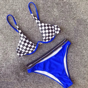 

Plaid Bikini Set Sexy Push Up Swimwear Women Solid Bikini Thong Swimsuit Halter Bandage Bathing Suit 2019 Summer Swimming Suit