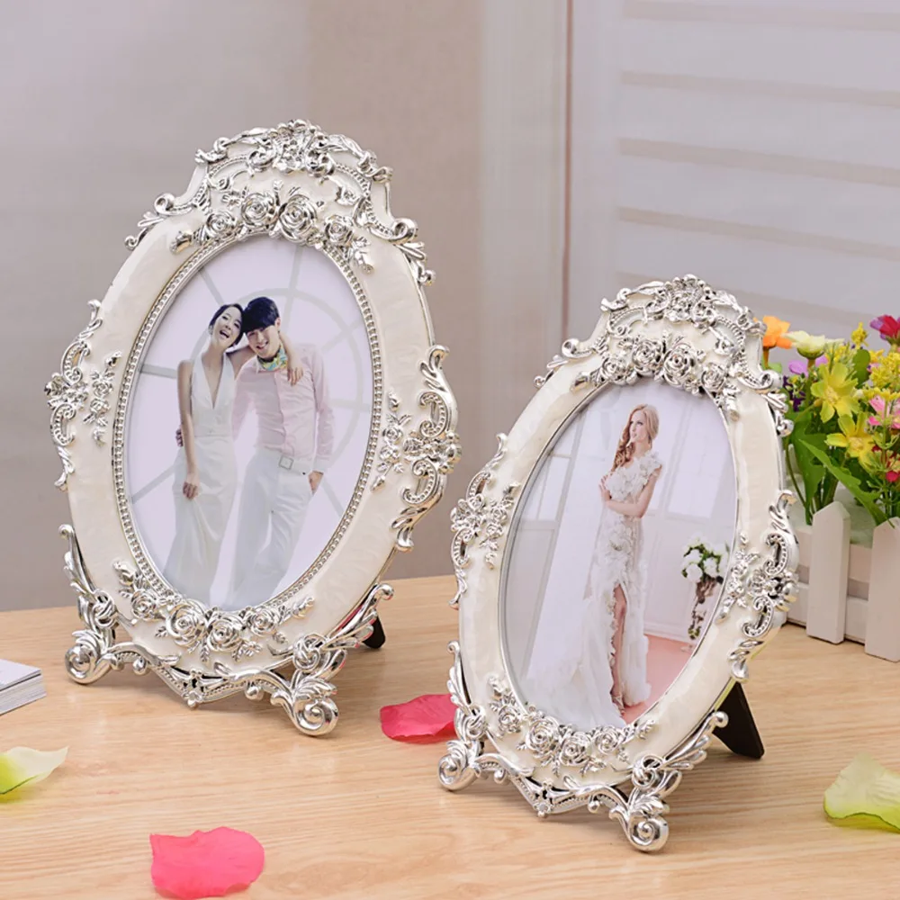 

New 1 Pcs Vintage European Style Golden&Sliver Photo Frame For Table Quality Reasin Picture Frames For Wedding marcos de foto