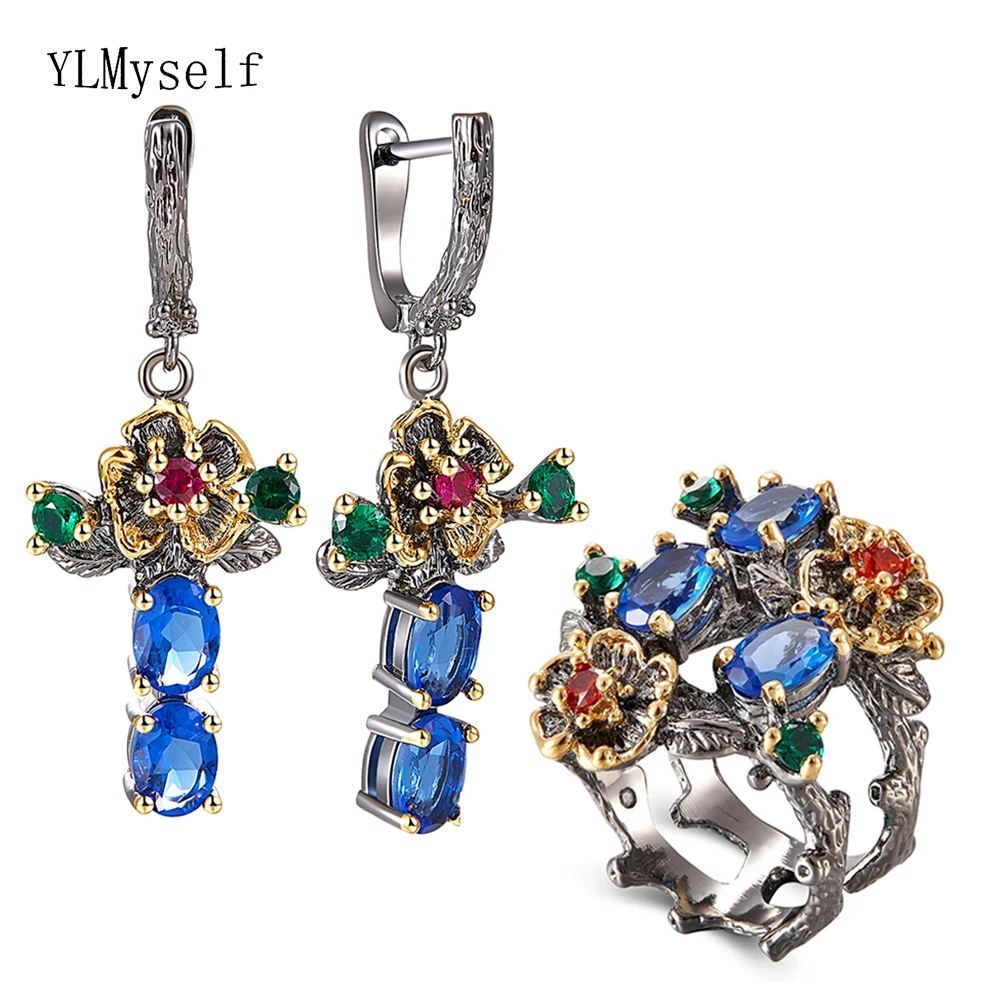 

Blue Crystal Earrings Ring Jewellery Set Leaf Dangle Earrings Multi Zirconia Flower Pretty 2pcs Jewelry Sets for Women