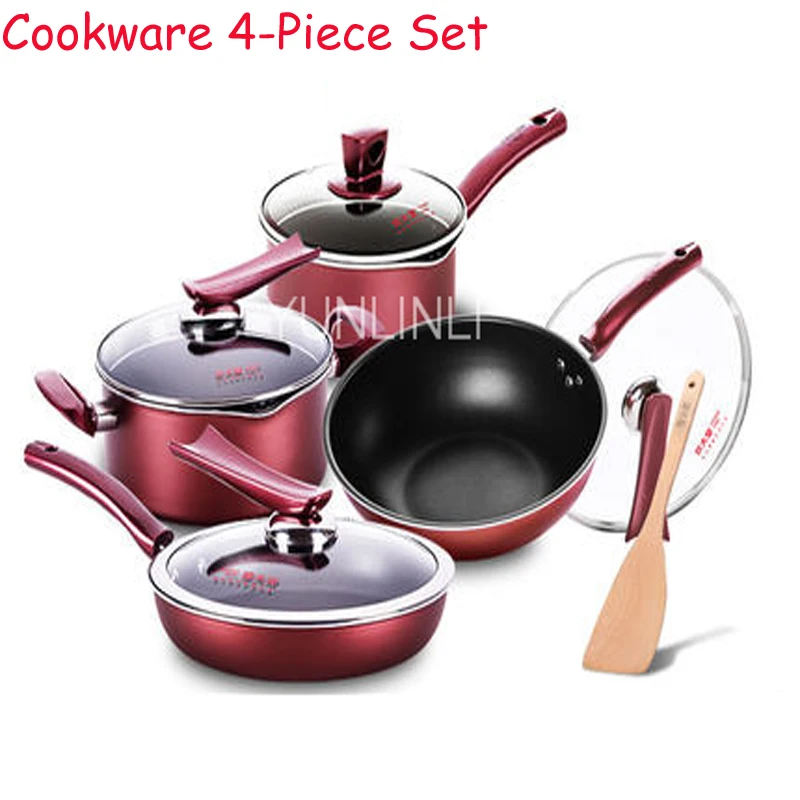

Cookware 4-Piece Set Home Kitchen Cookware Combination Non-Stick & Smoke Less Aluminum Alloy Cookware For Gas & Induction Cooker