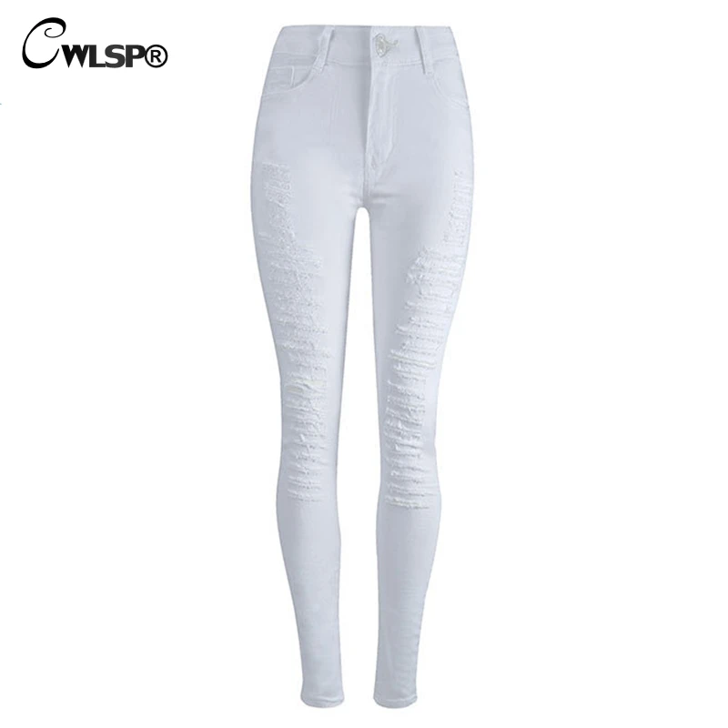 CWLSP 2018 white Women elastic Skinny Pencil Pants with Hole Spring Female Hollow Out comfort pantalon mujer QZ2861