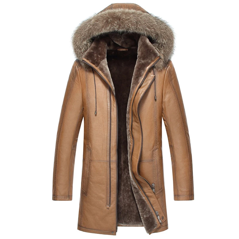 Leather suede cow skin coat men winter fur jacket with hood male fur