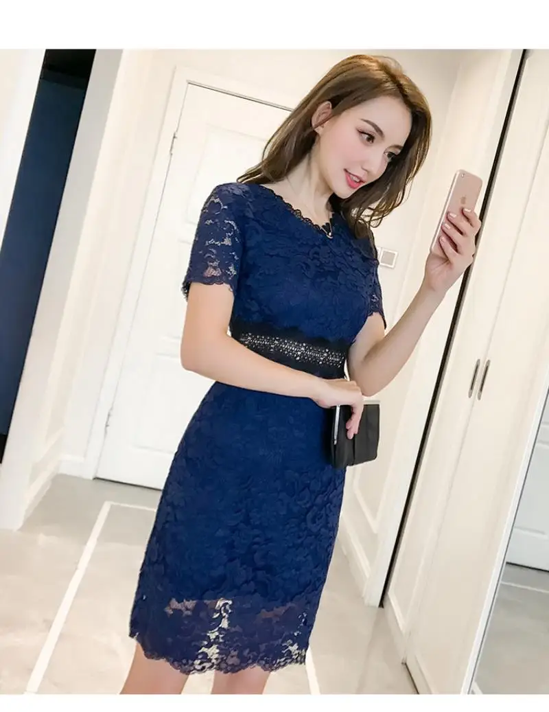2018 New Red Blue Spring Summer Lace Women dress Short Sleeve Slim Collect Waist In Long Dresses S-XL
