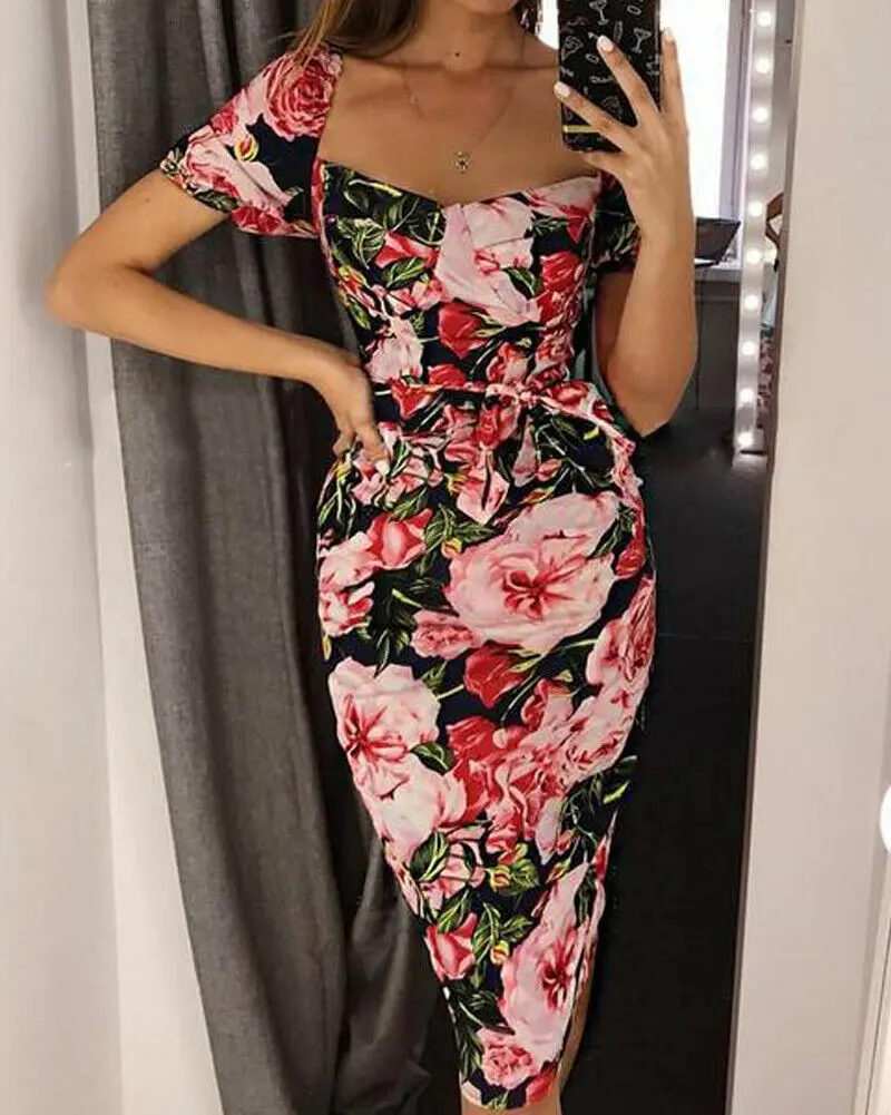 Сексуальное женское платье Boho Цветочные женские вечерние платья сарафаны с коротким рукавом с принтом ремень Bodycon платья лето