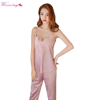 

Women's Pajamas Spaghetti Strap Lace Sexy Pajama Set Nighter Women Clothing Summer Pants Sets V-Neck Sleepwear Satin Pajama
