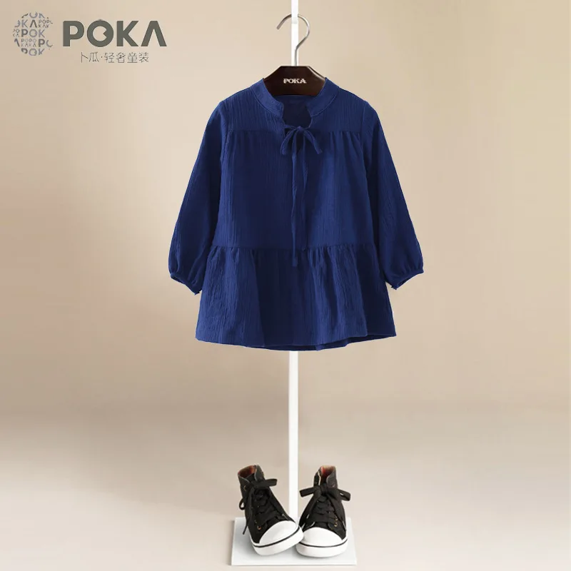 YNB Spring Children Gilr Long Sleeve Clothing 2017 Brand Solid Blue Princess Shirts for Girls Cotton