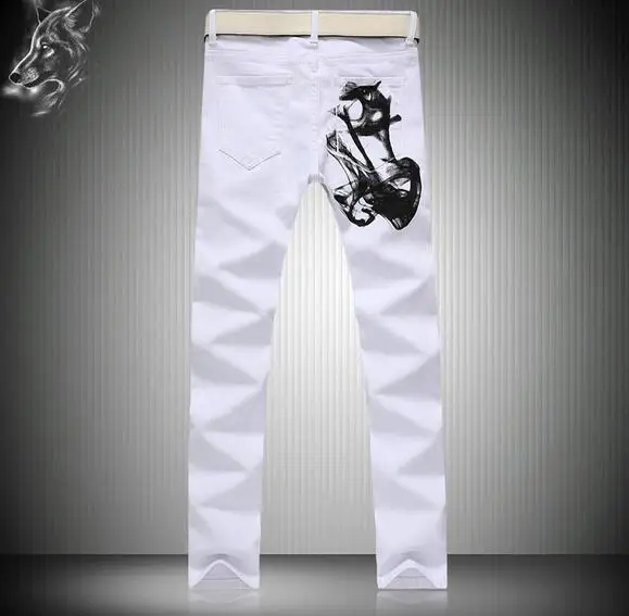 2016 The New Mens Trousers Tide Male White Jeans Birds Series Leisure Pants Korean version Nightclubs