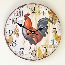 Pastoral Style Wood Cock Round Colorful Vintage Rustic Decorative Antique Wooden Home Wall Clock