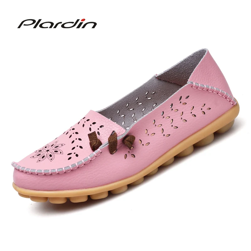 

plardin Women 2018 Summer lace up Casual Shoes Women Flat Heel Cow Muscle Outsole Flat soft Women cutouts Genuine Leather Shoes
