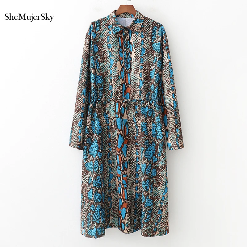 

SheMujerSky Long Sleeve Snake Print Midi Dress 2018 Autumn Women Fashion Dresses Evening Party