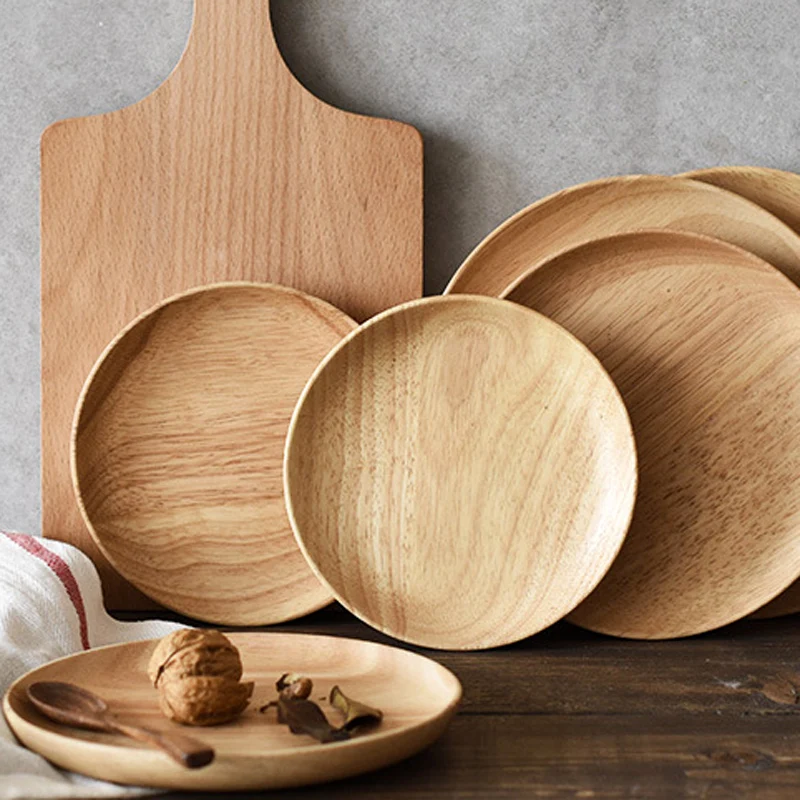 Round Wooden Plates Large Small Wood Serving Tray Tea Plate Wood Dessert Cake Dishes Salad Plate Wood Kitchen Utensils Tableware (10)