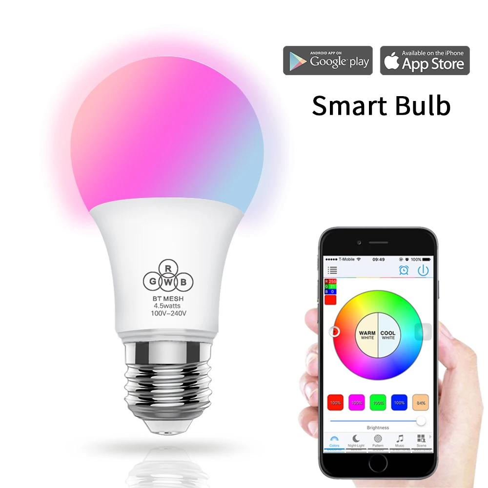 2016New Magic Blue 4.5 Вт E27 RGBW светодиодные лампочки Bluetooth 4.0 Smart лампы освещения изменение