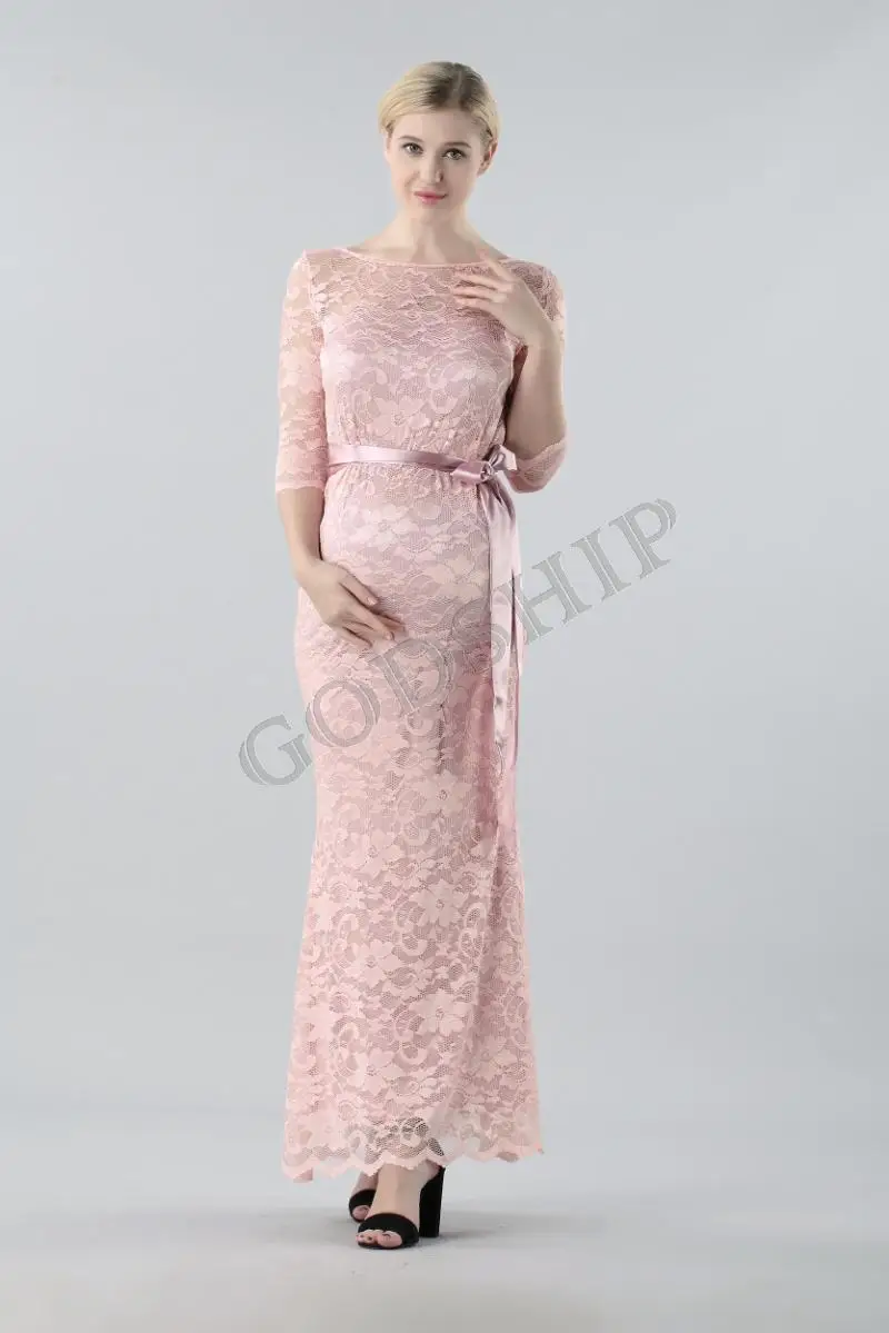 Elbow Sleeve Stretch Lace Formal Maternity Evening Dress Noble Long