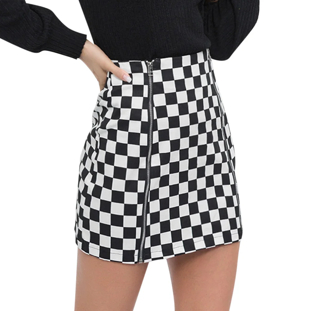 VESTLINDA Zippers Checkered Mini Pencil Skirts Womens High Waist Plaid 2018 NEW Fashion Streetwear Zip Up Fitted Winter Skirt 2