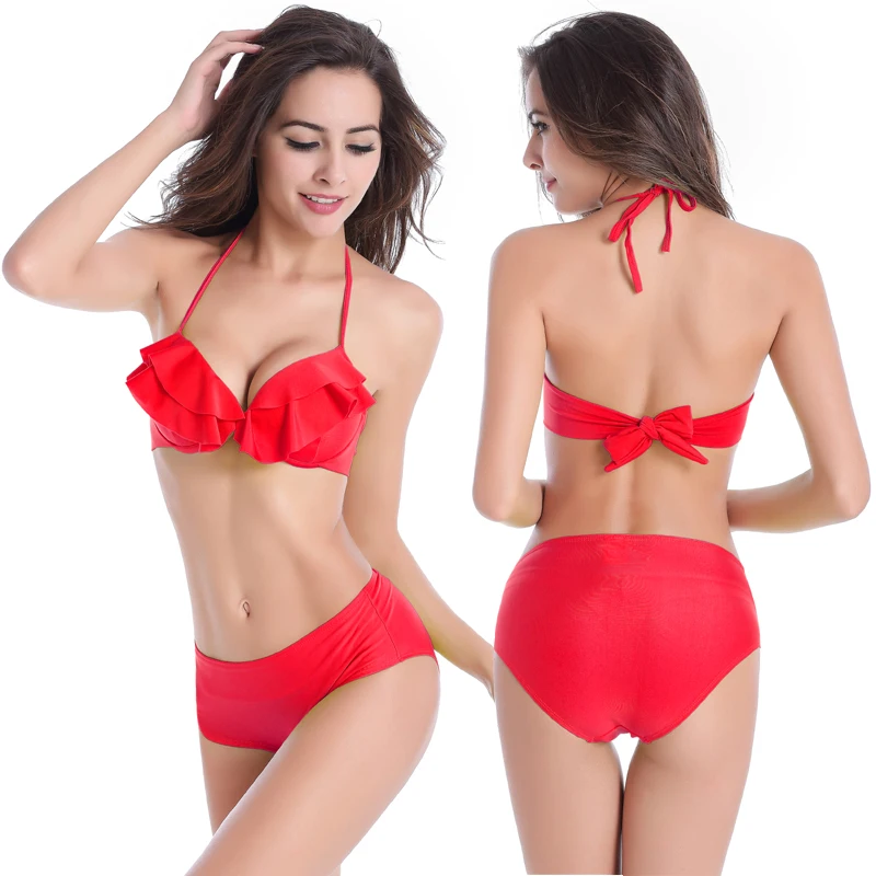 

High Quality Bathing Suit Small Flounce Women Bikini Set Underwire Cup Sexy Lady Swimsuit Push Up Popular High Waisted Bikini