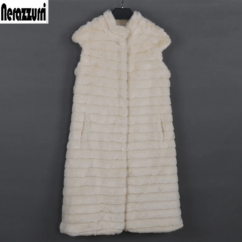 

Nerazzurri faux fur vest women luxury large size stand collar beige striped waistcoat fake mink fur gilet sleeveless jacket xxxl