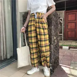 2018 осень японский стиль женские желтые брюки с высокой талией галстук клетчатые хлопковые брюки низ