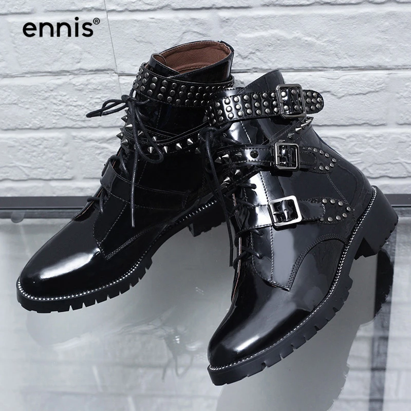 Buy ENNIS 2018 Women Patent Leather Rivet Punk Shoes